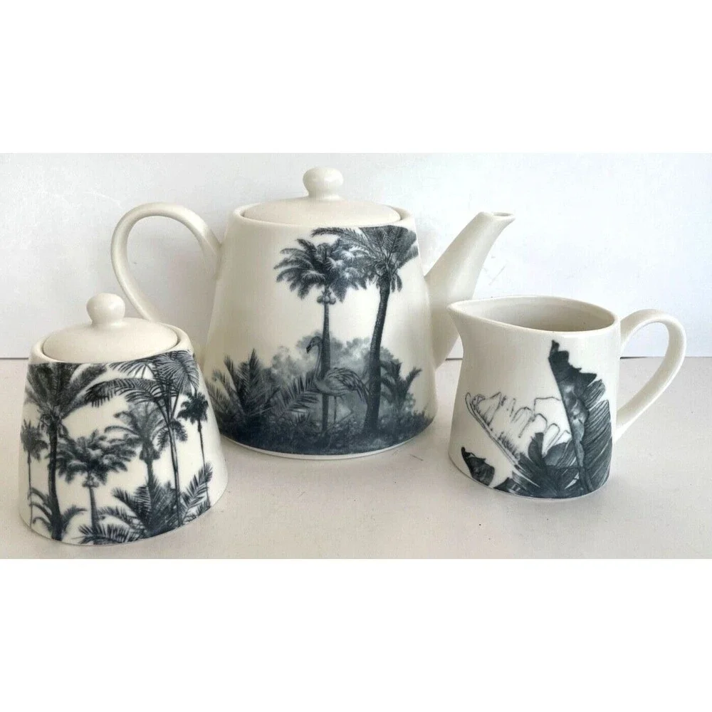 NEW Haus Hand Painted Porcelain Teapot, Sugar Bowl and Creamer Neutral Tropical